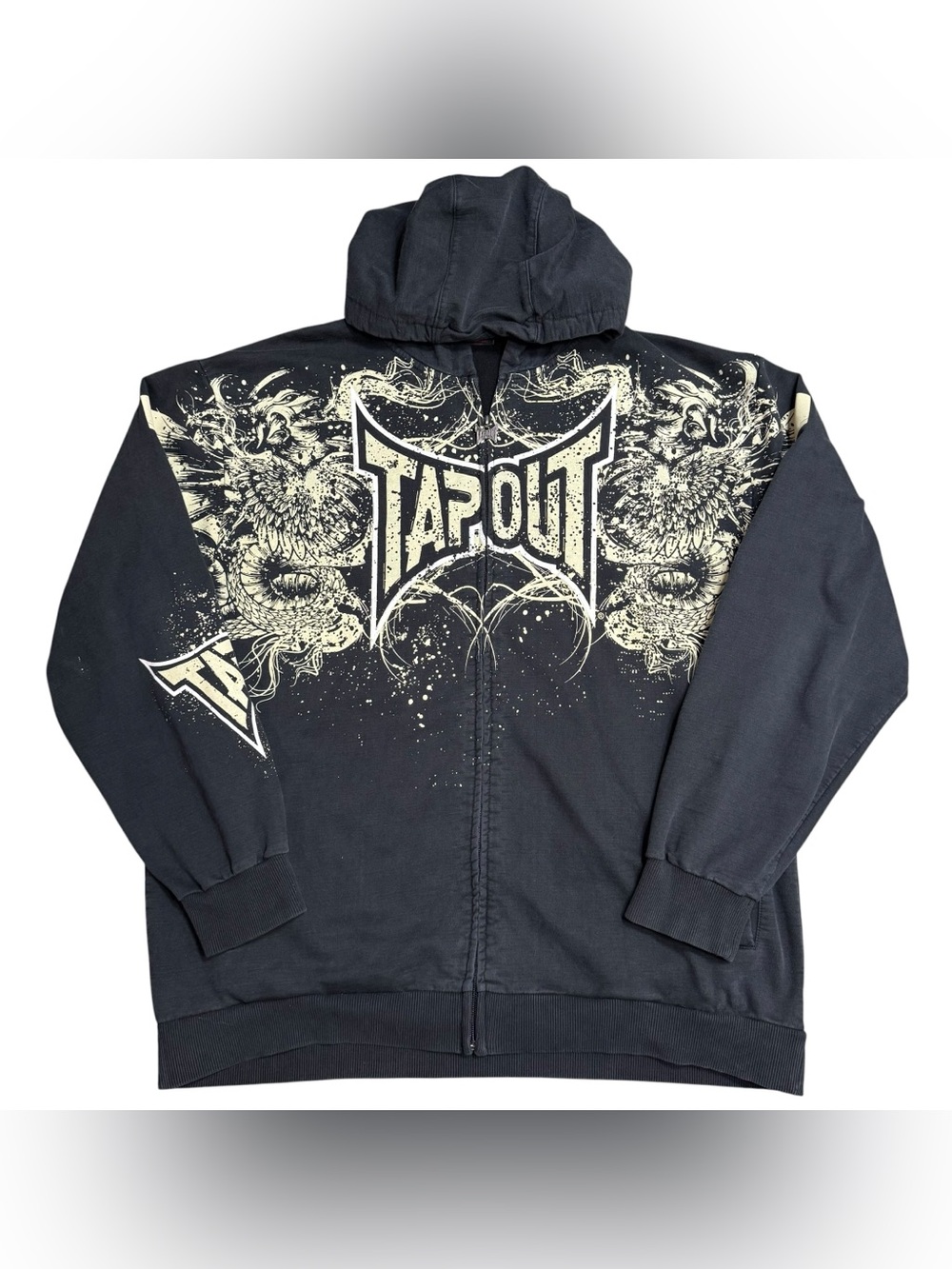 Vintage Tapout Full Zip Hoodie Jacket Mens XL Black Y2K Graphic Print MMA Tribal
